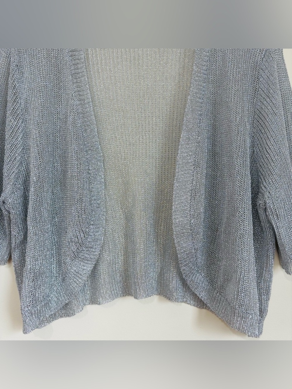 Chico's preppy slouchy silver metallic open front short sleeve crop cardigan L - Picture 6 of 15